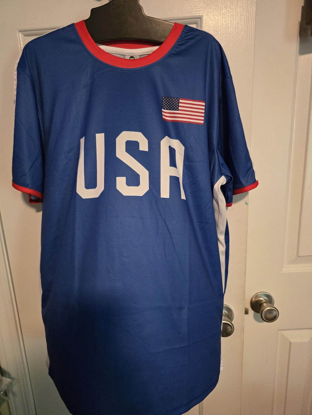 Fiesta Blue USA Graphic Jersey with White USA Letters and Red Trim